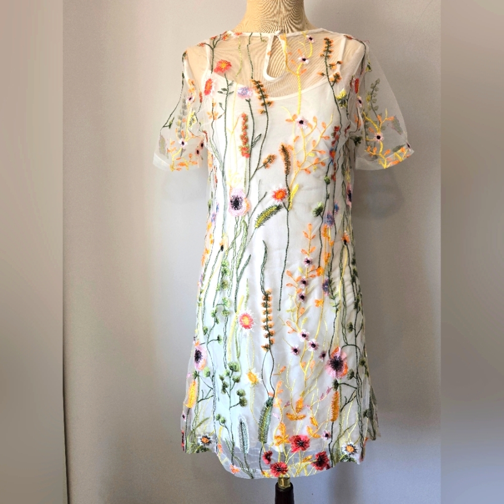 Lucy Paris White Sheer Dress with Multicolor Floral Embroidery